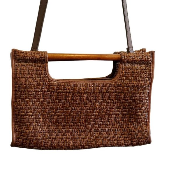 Fossil Brown‎ Straw Rattan Woven Bohemian Shoulder Bag Wooden Handles 11 X 8 - Picture 1 of 12